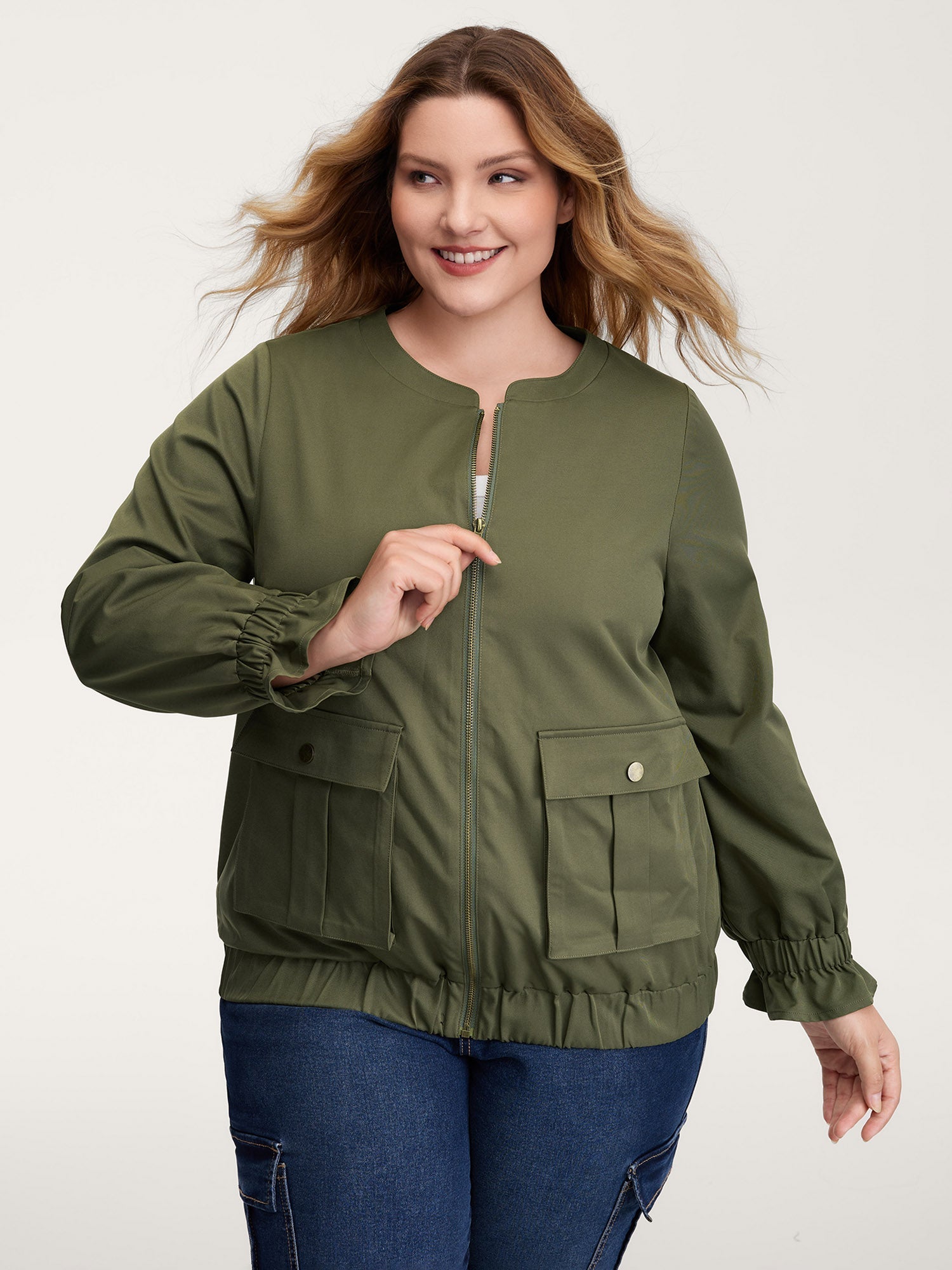 Lined Pockets Shirred Cuffs Zipper Jacket