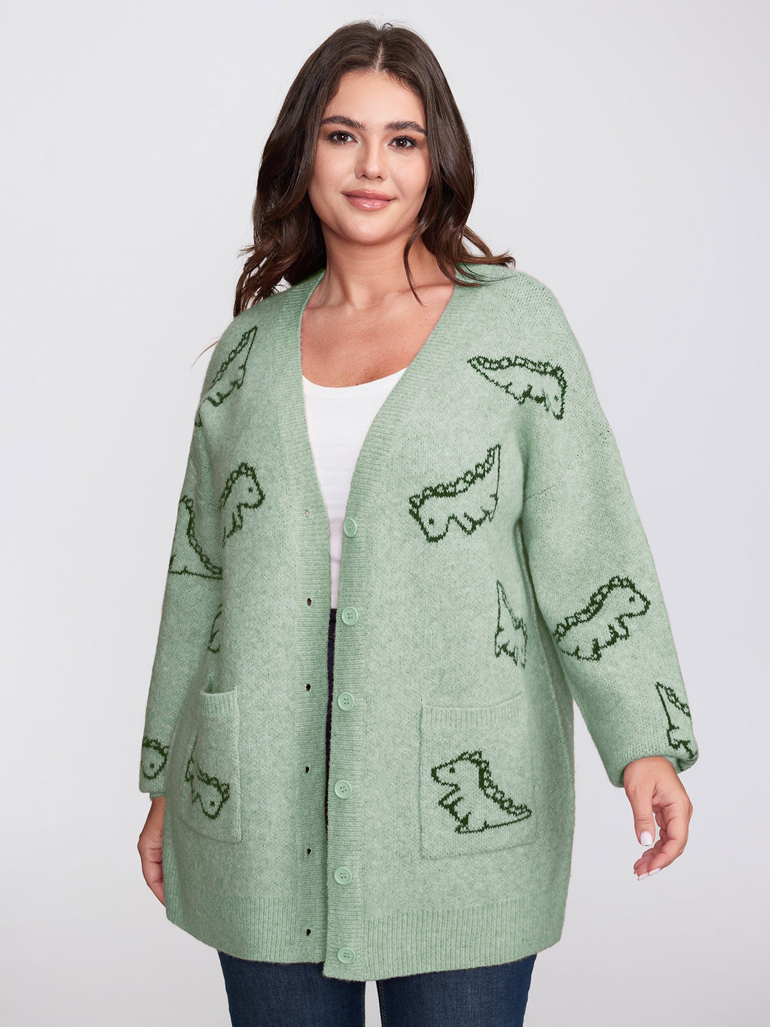 Jacquard Dinosaur Print Knit Cardigan
