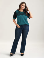 Stretchy Scalloped Lace Color Contrast T-Shirt