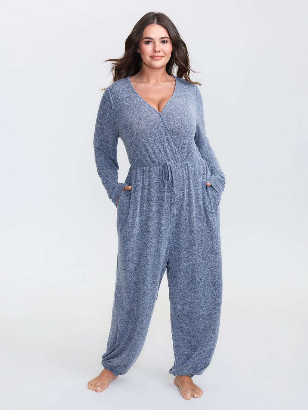 Elastic Waist Overlap Collar Lounge Jumpsuit