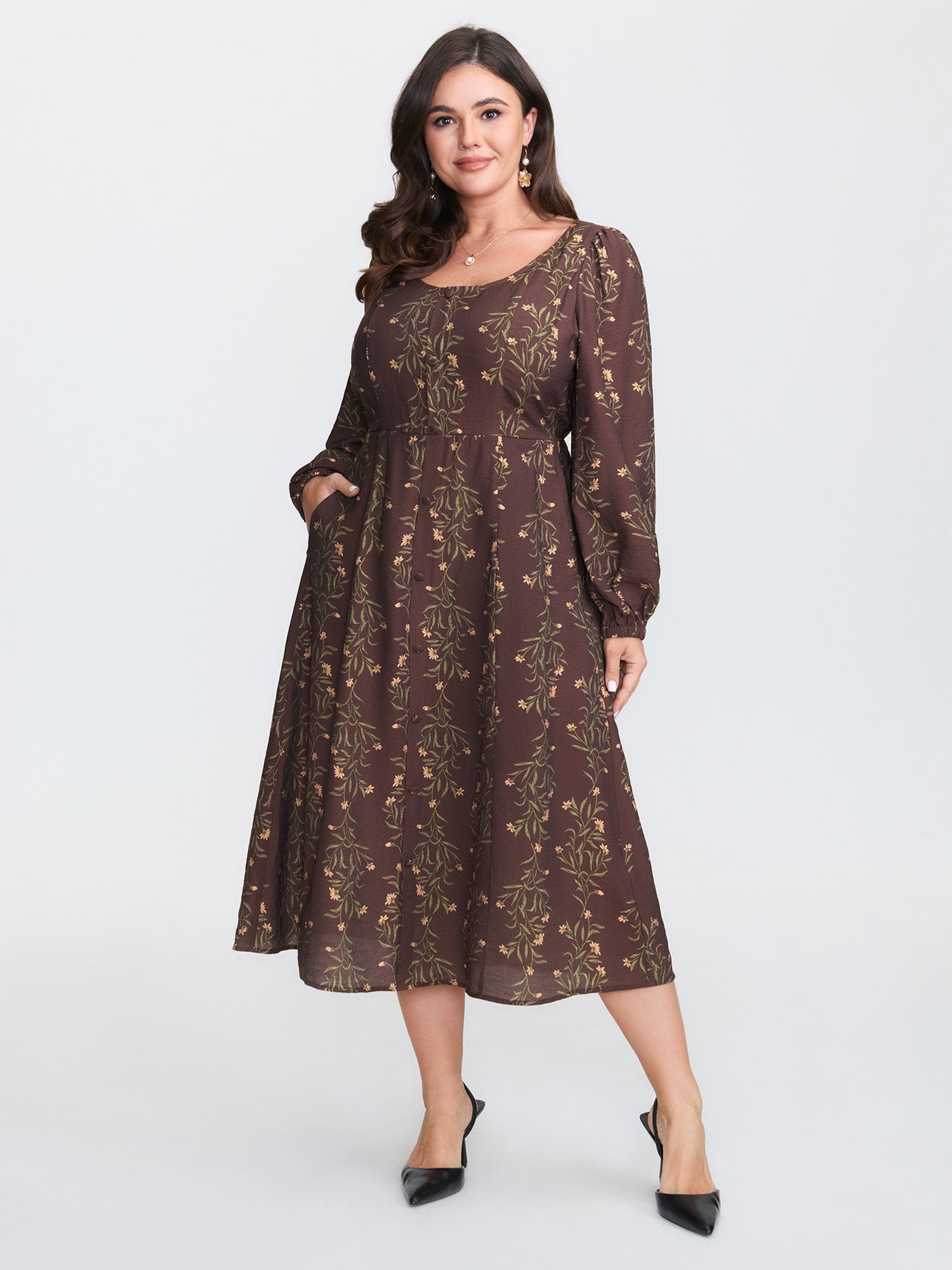 Floral Print Button Detail Round Neck Midi Dress