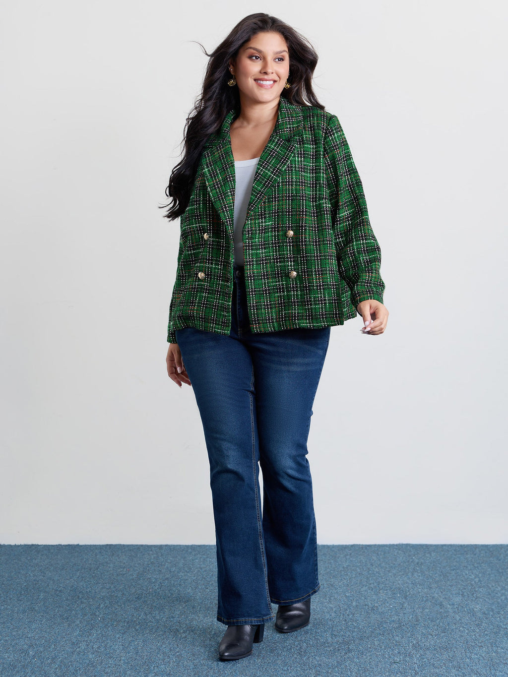 Tweed Plaid Double Button Jacket
