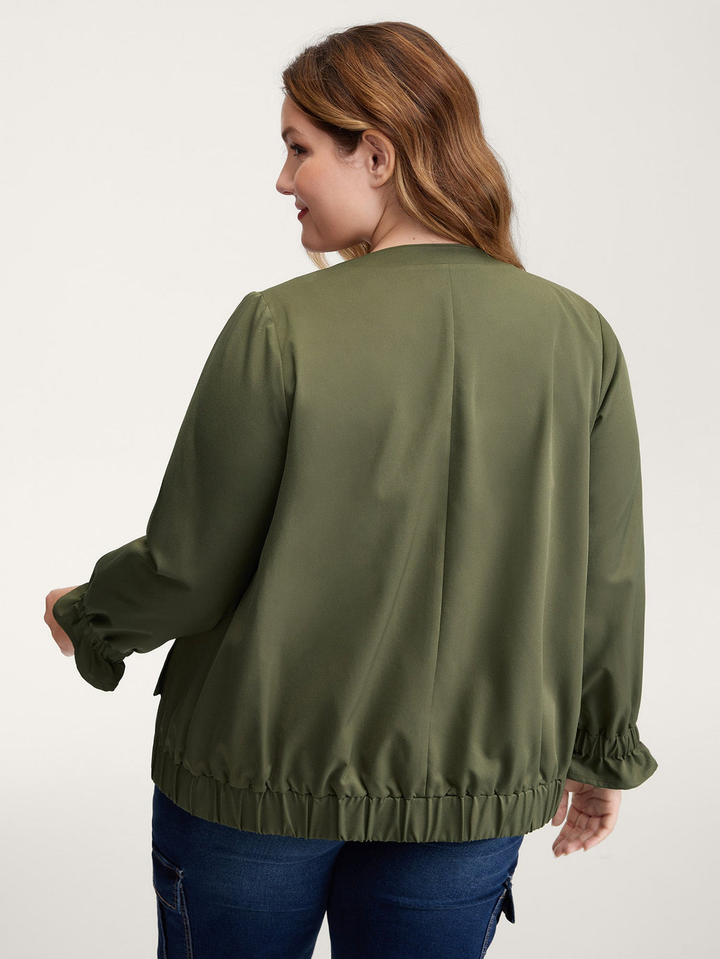 Lined Pockets Shirred Cuffs Zipper Jacket