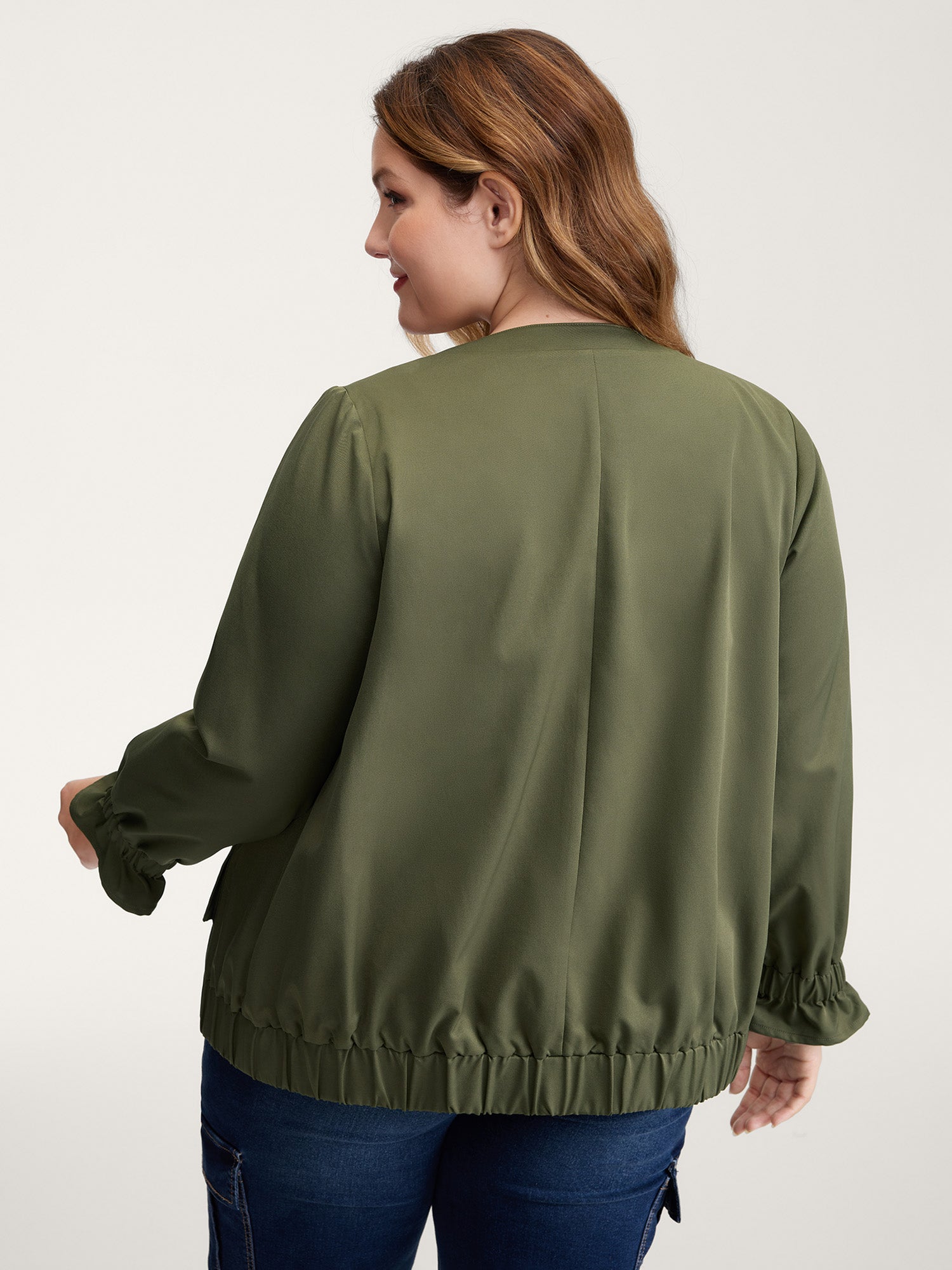 Lined Pockets Shirred Cuffs Zipper Jacket