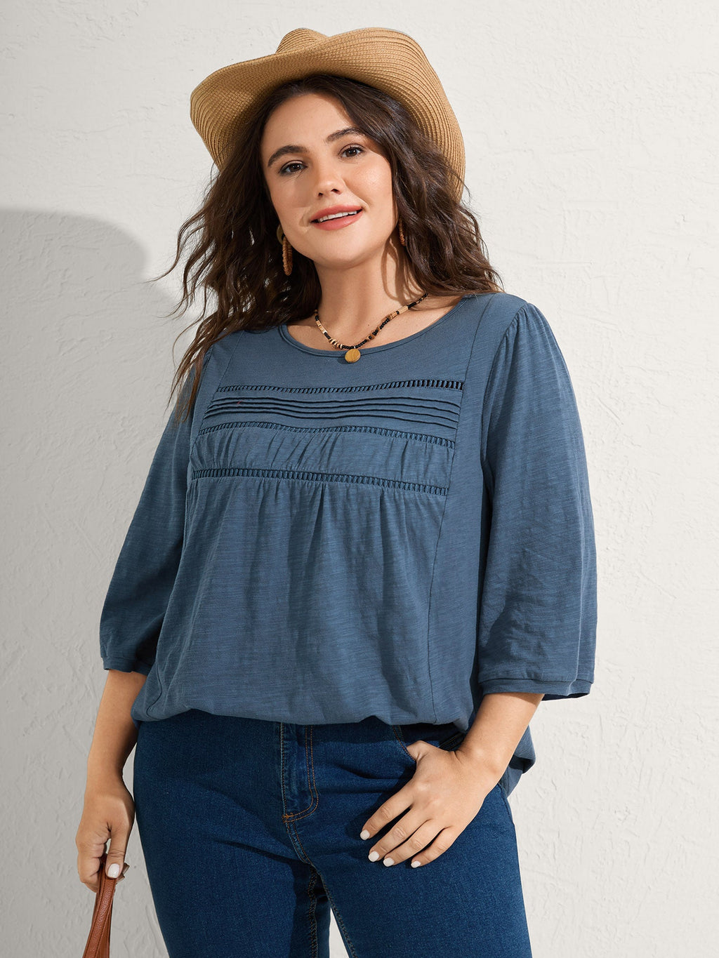 Cotton Lace Spliced Plain Knit Top