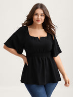 Stretchy Neckline Waist-Cinched Solid Blouse