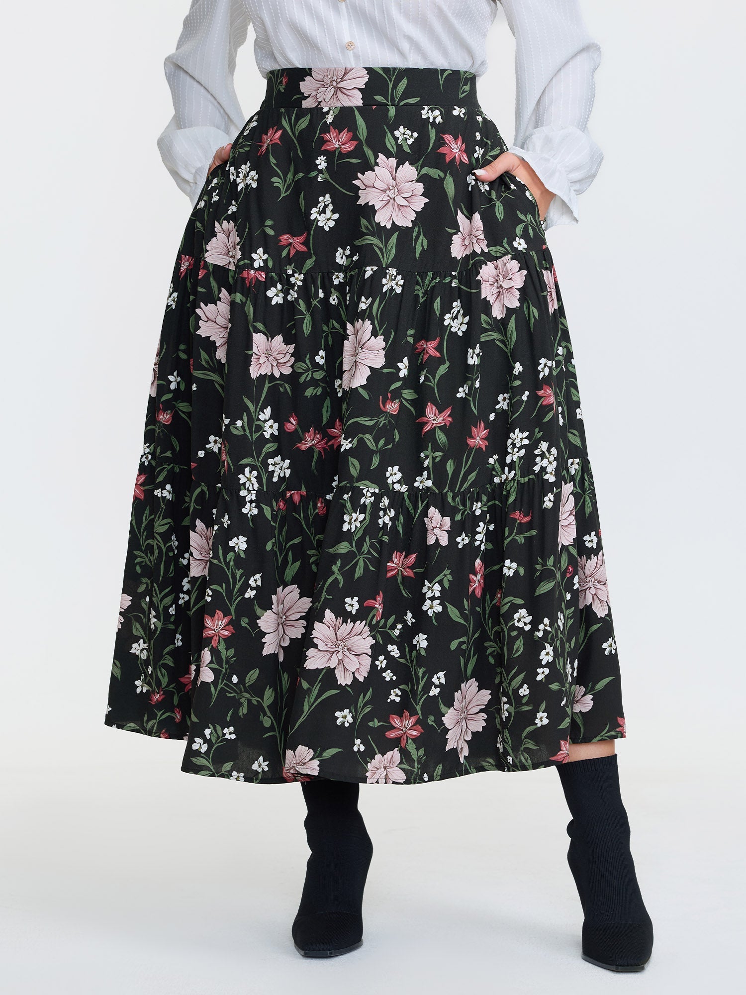 Floral Print Stretchy Waistband Maxi Skirt