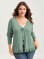 Supersoft Textured Floral Button Ruffled Hem Knit Cardigan