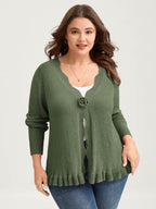 Supersoft Textured Floral Button Ruffled Hem Knit Cardigan