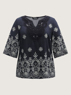 Boho Print Lace Neck Blouse