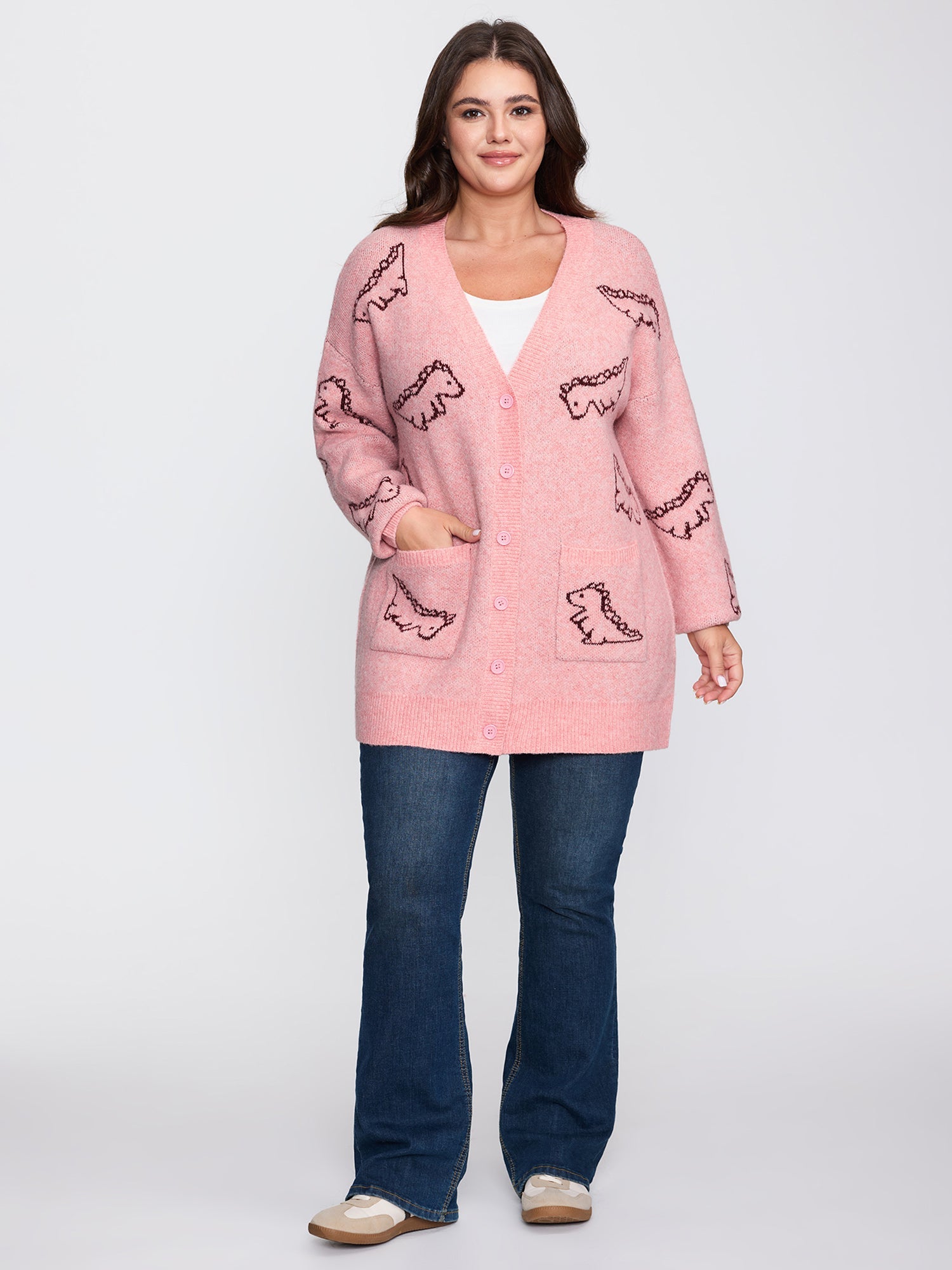 Jacquard Dinosaur Print Knit Cardigan