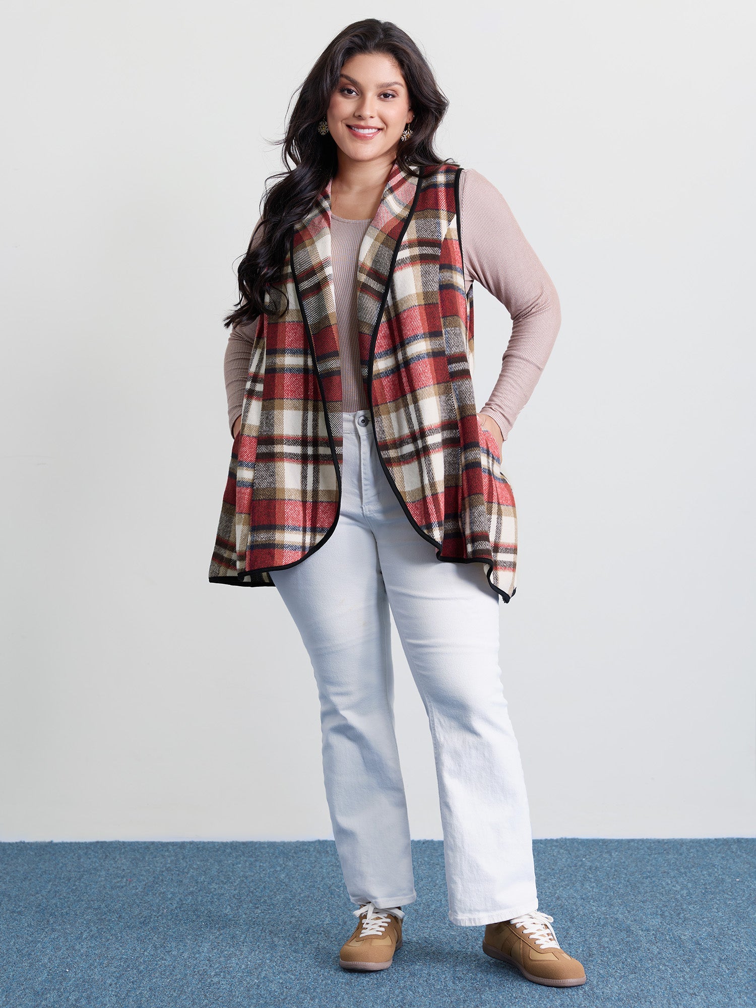 Plaid Curvy Hem Open-Front Vest