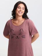 Happy Cat Print Stretchy Contrast Sleep Dress