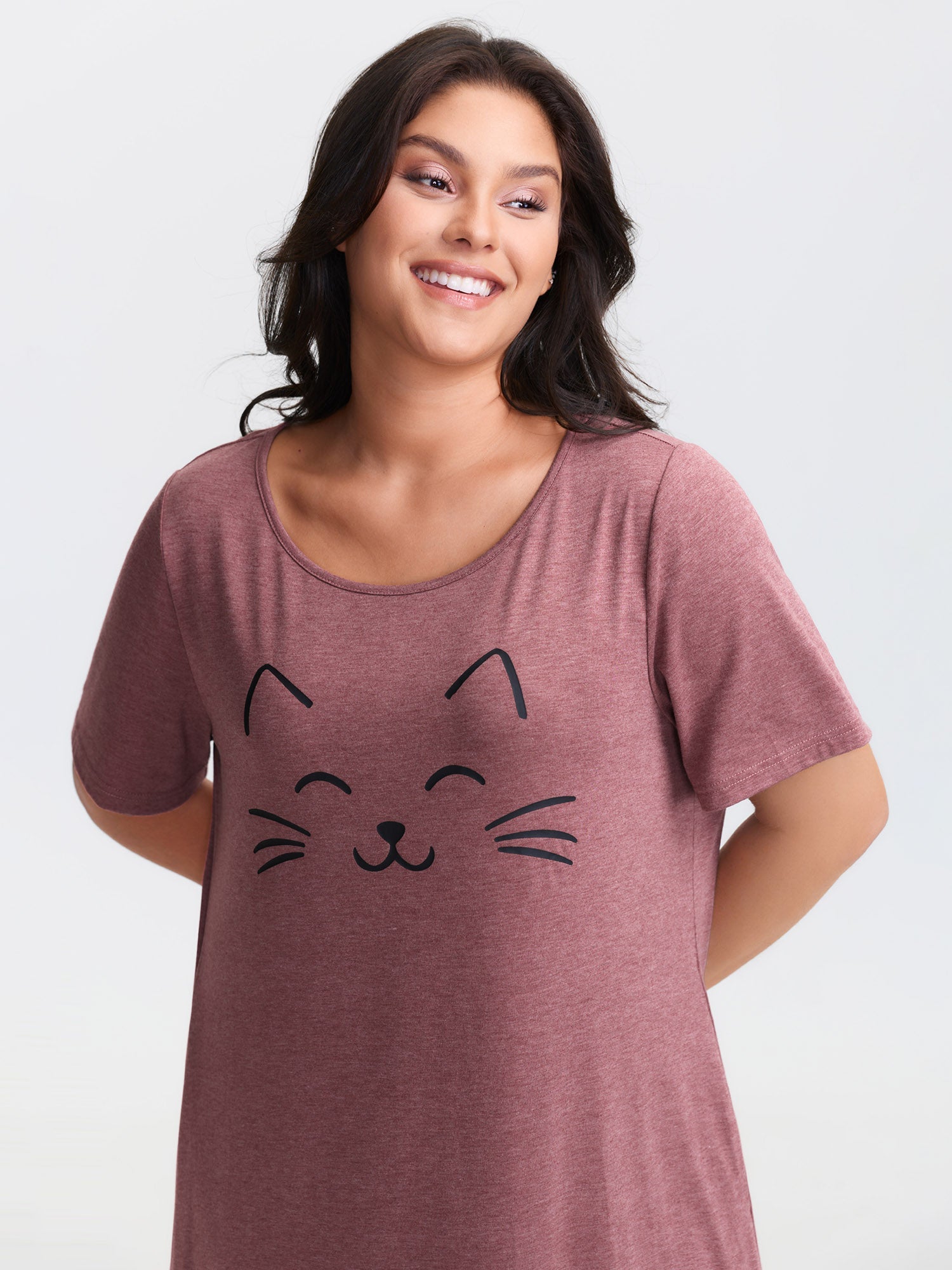 Happy Cat Print Stretchy Contrast Sleep Dress