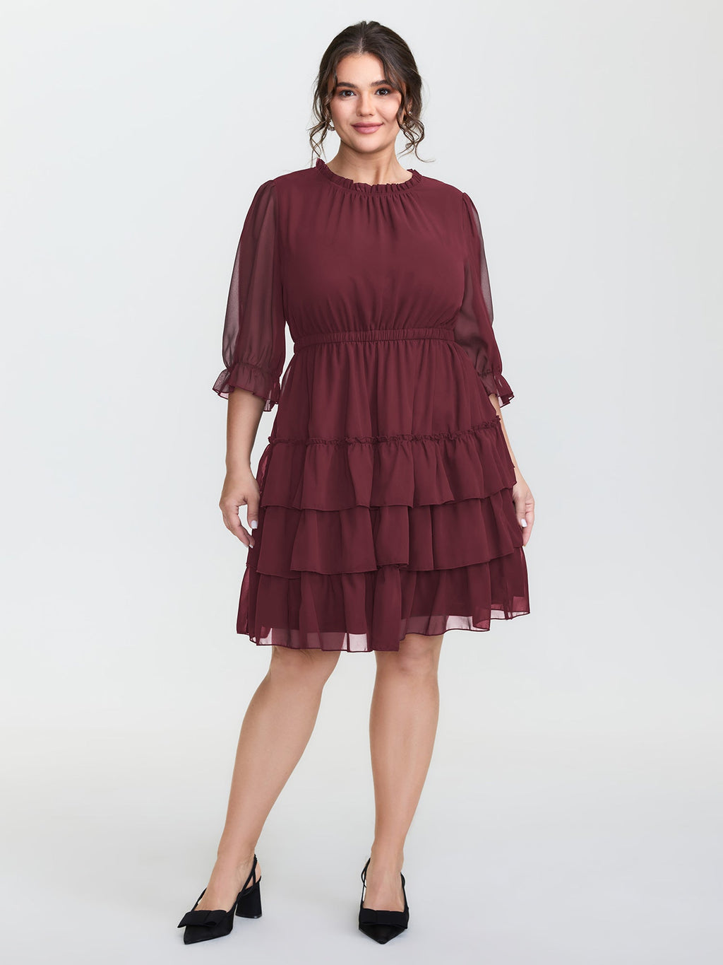 Three-Quarter Sleeve Tulle Skirt Knee-Length Dress