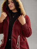 Plian Drawstring Zipper Fuzzy Trim Hooded Coat