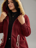 Plian Drawstring Zipper Fuzzy Trim Hooded Coat