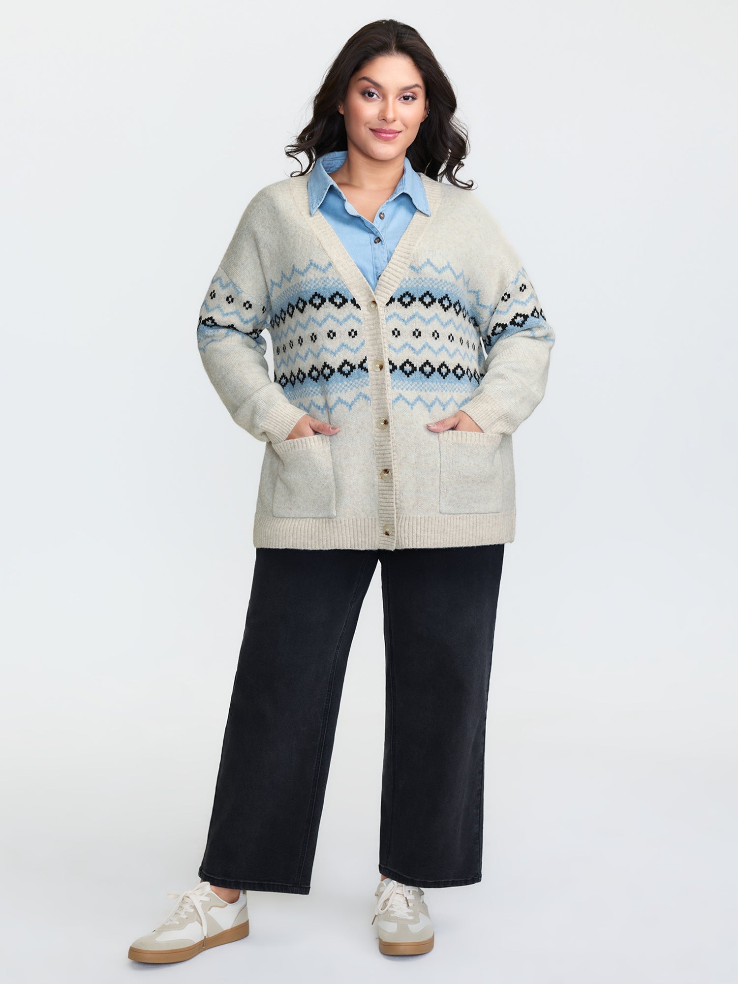 V-Neck Geometric Pattern Button Front Cardigan