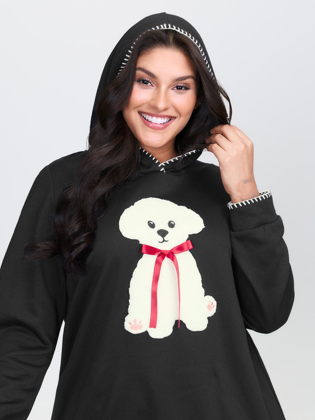Puppy Embroidered Stretchy Contrast Hoodie