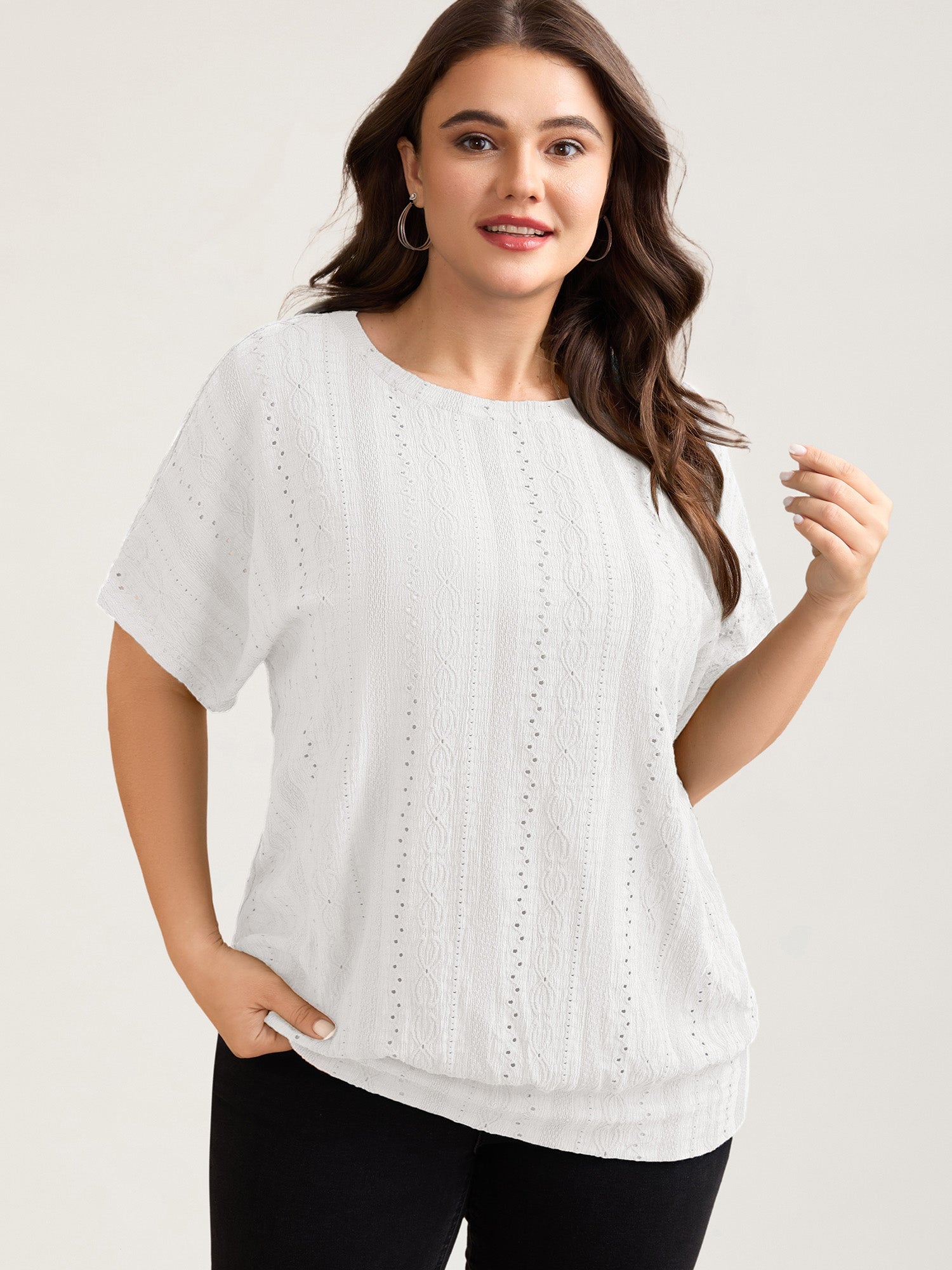 Eyelet Trim Stretchy Textured Plain Top