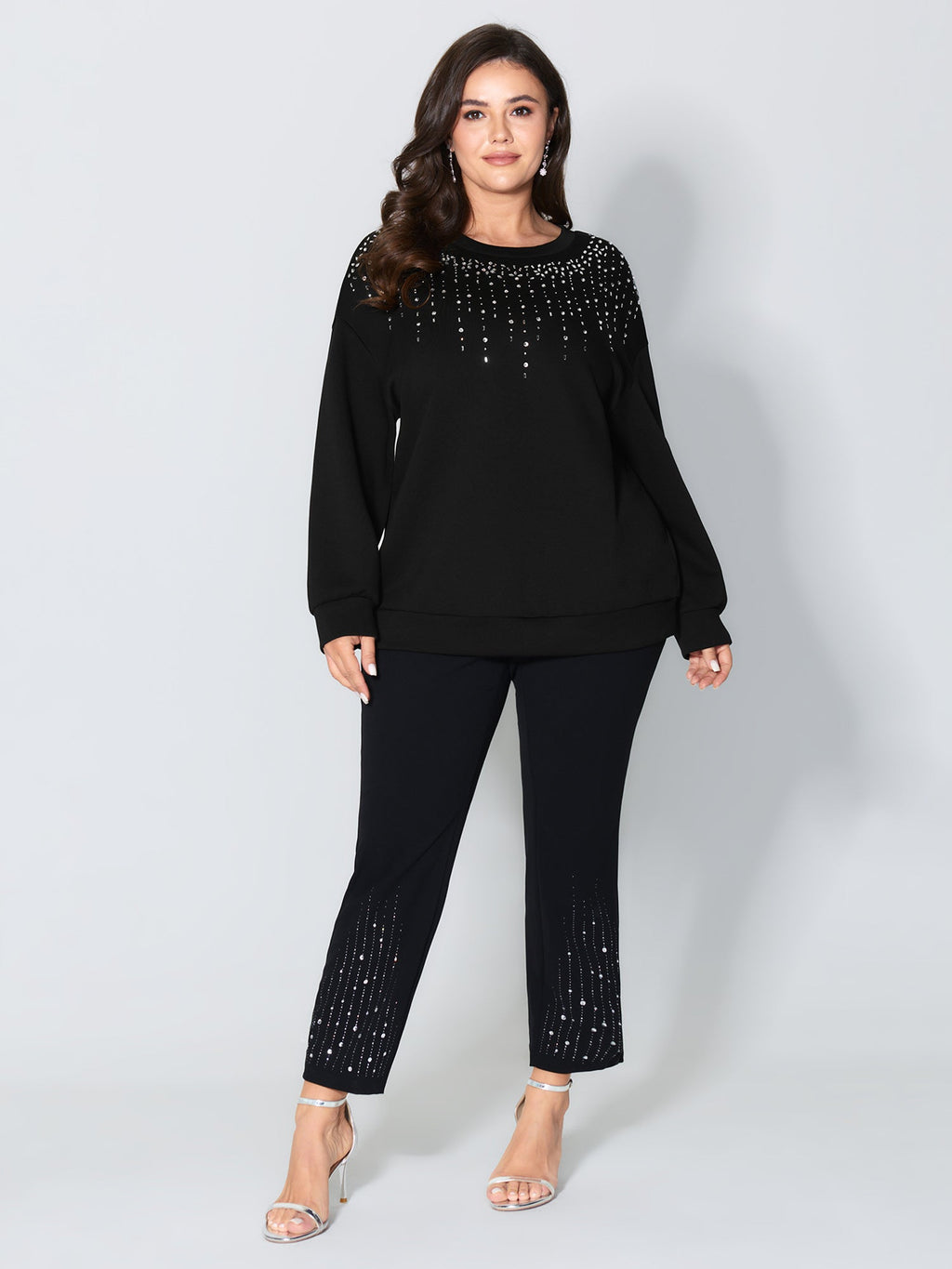Rhinestone Relaxed-Fit Round Neck Sweatshirt