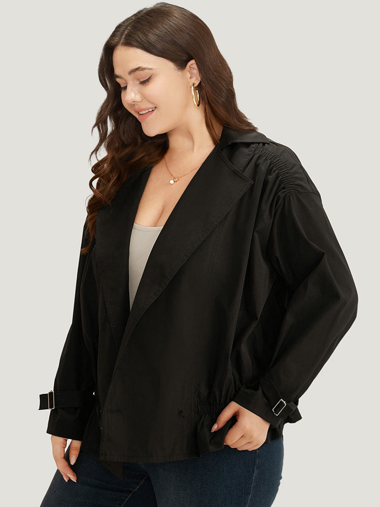 Shirred Lapel Collar Metal Buckle Button Up Coat