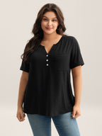 Solid Split Neck Button Detail T-Shirt