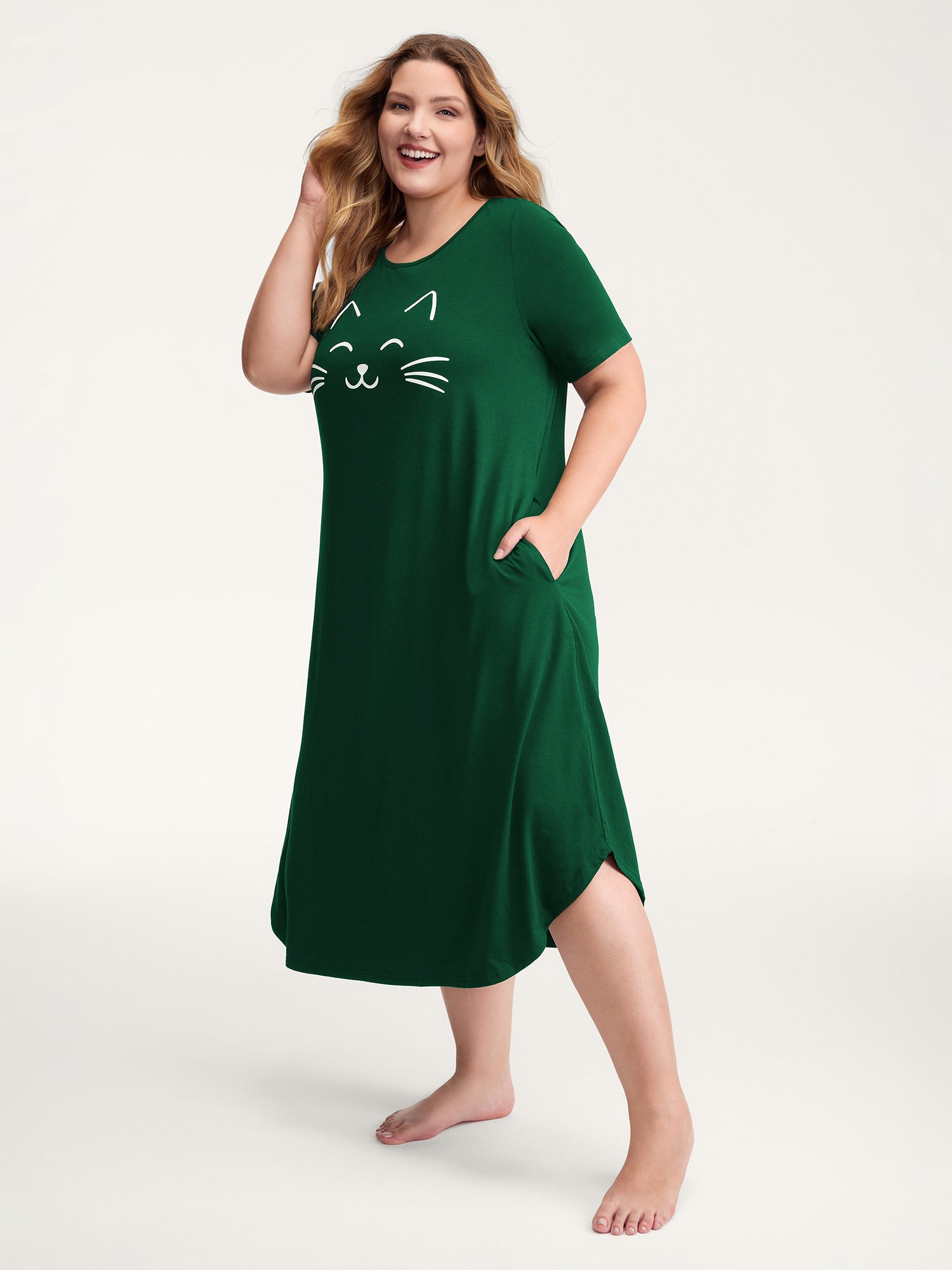 Happy Cat Print Stretchy Contrast Sleep Dress