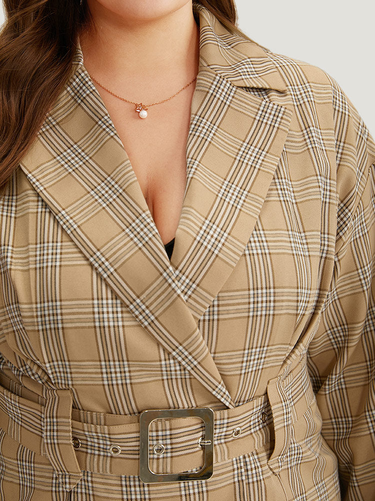 Plaid Metal Buckle Detail Pleated Coat