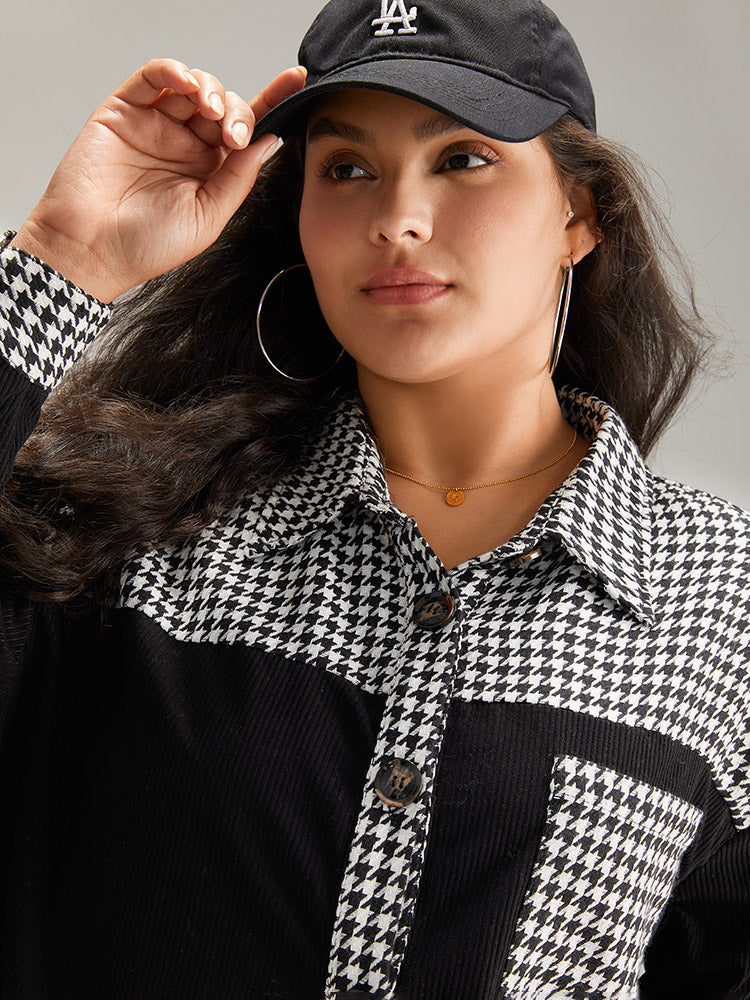 Houndstooth Patchwork Pocket Button Through Corduroy Coat