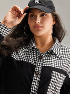 Houndstooth Patchwork Pocket Button Through Corduroy Coat