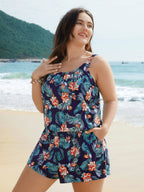 Tropical Flower Print Pockets One-Piece Swimsuit