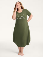 Happy Cat Print Stretchy Contrast Sleep Dress