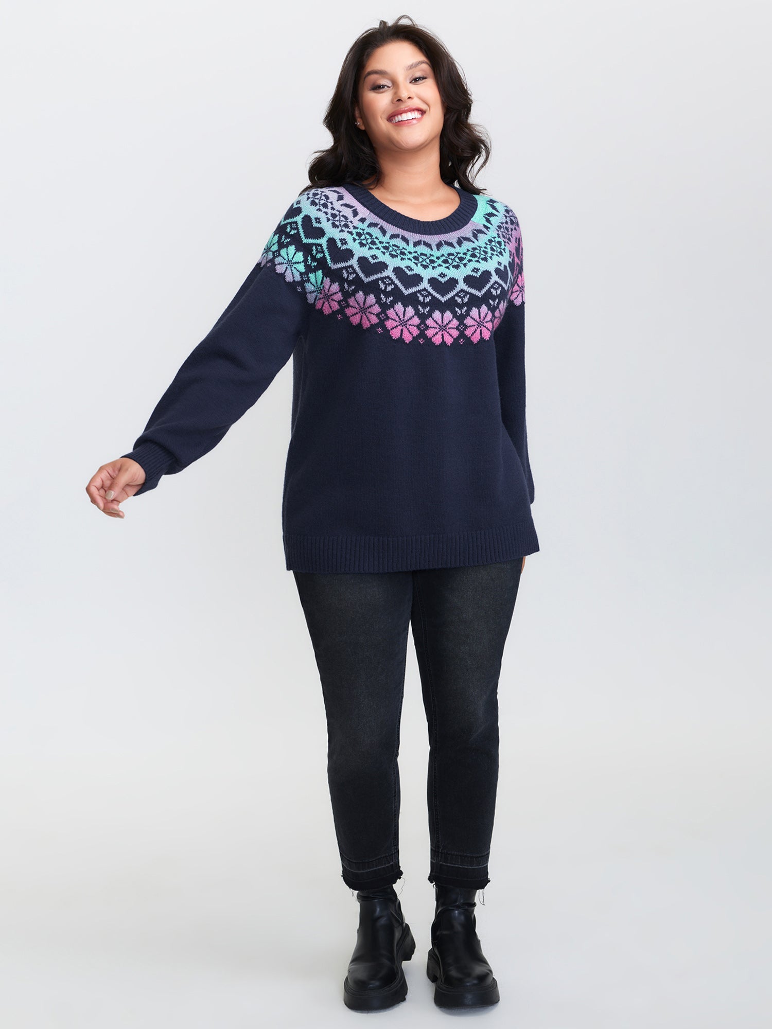 Stretchy Floral Color Gradient Jacquard Pullover