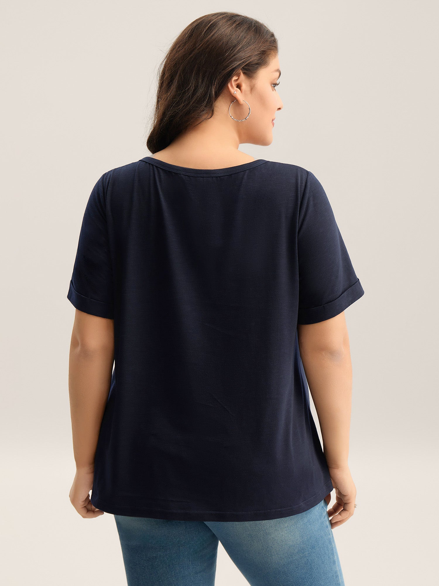 Solid Split Neck Button Detail T-Shirt
