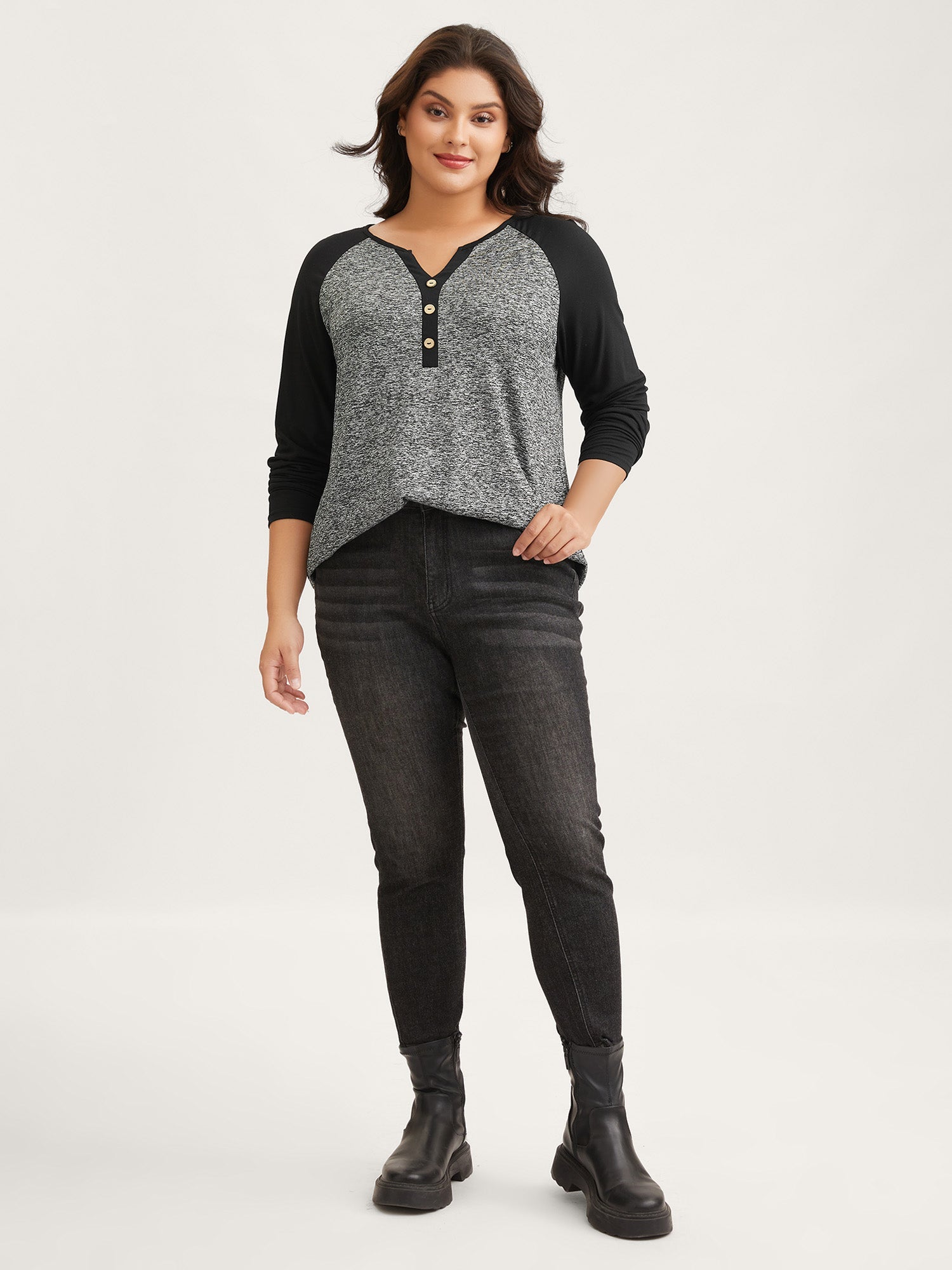 Heather Patchwork Button Detail Stretchy T-Shirt