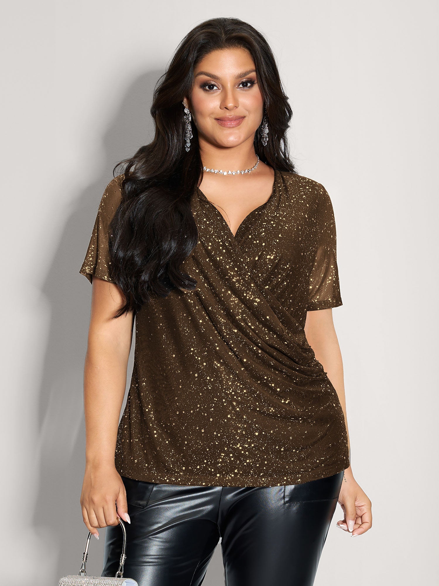 Shimmery Wrap Neck Sheer Sleeve T-Shirt