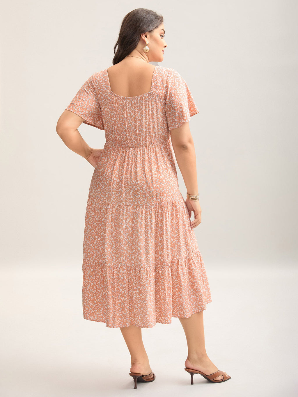 Ditsy Floral Sweetheart Drawstring Pocket Tiered Dress