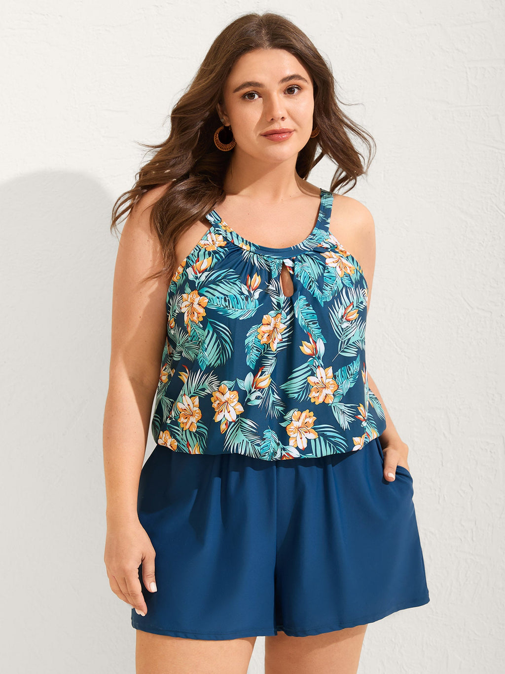 Floral Print Keyhole Pockets Swim Romper