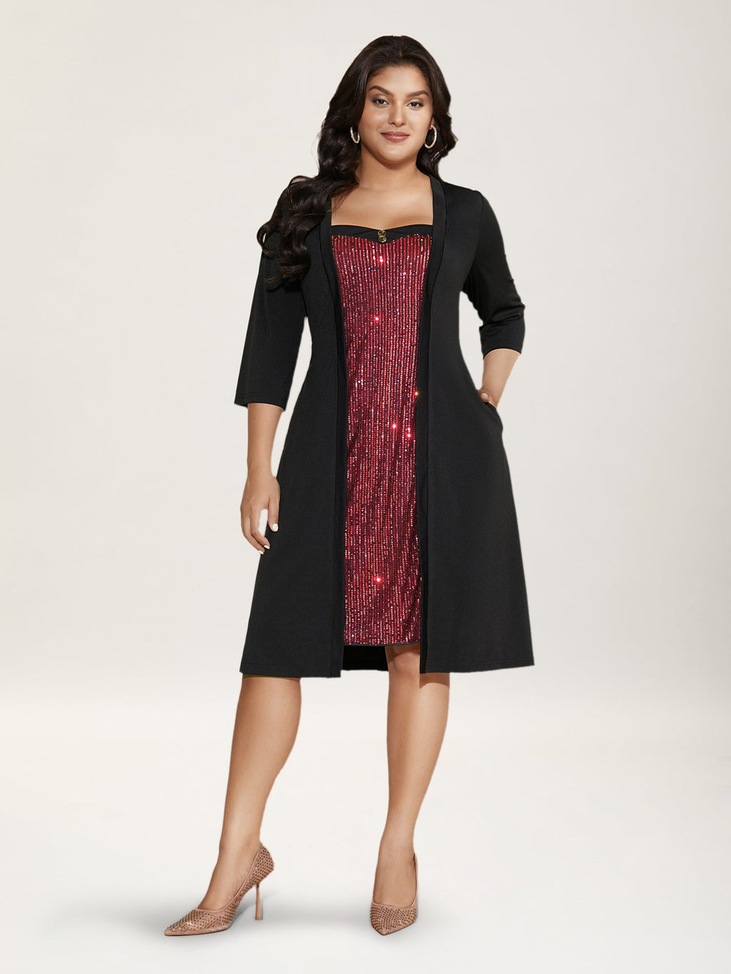 Heart Neckline Patchwork Sequin Button Detail Dress