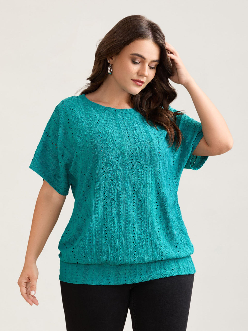 Eyelet Trim Stretchy Textured Plain Top