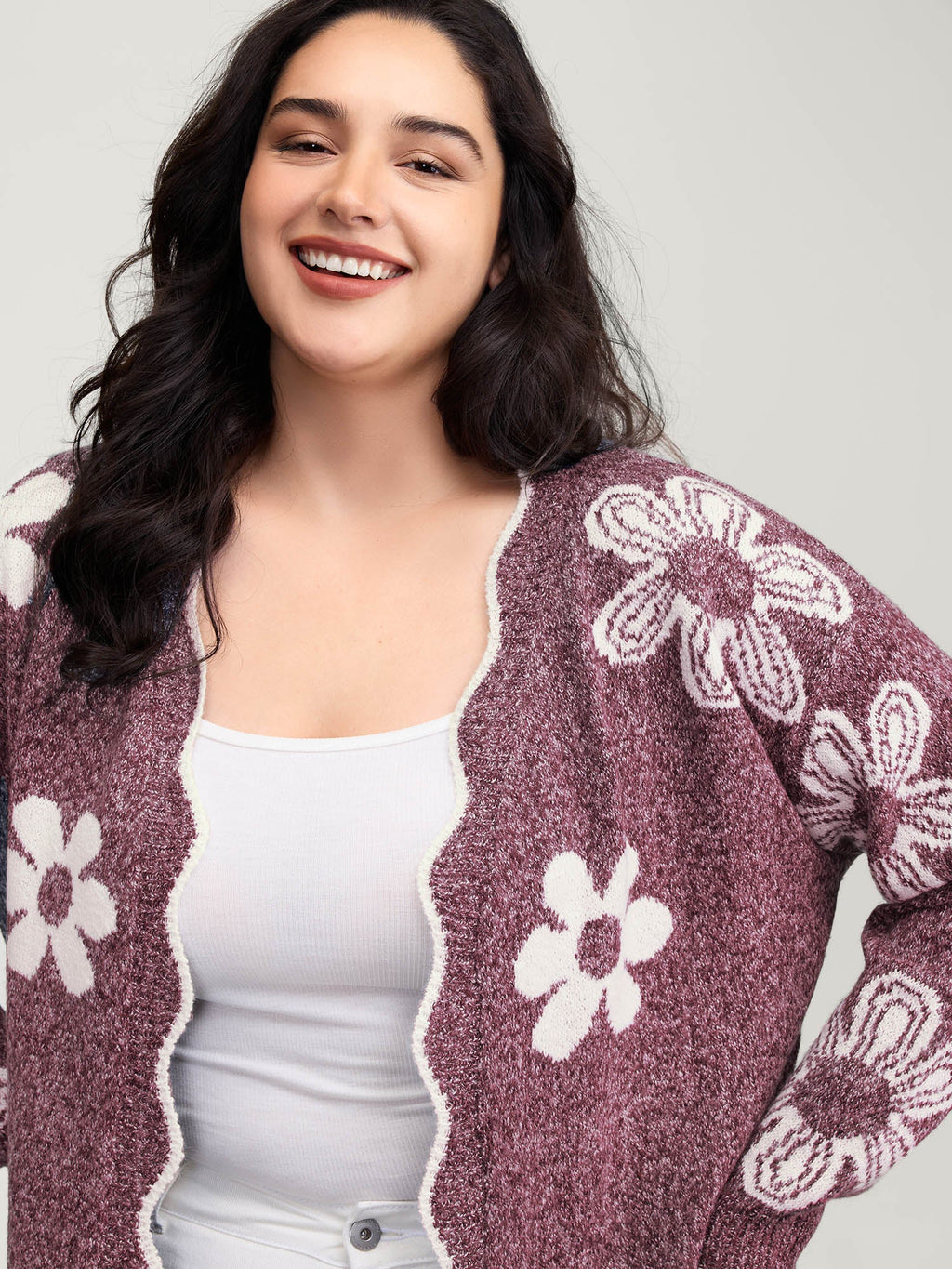 Floral Pattern Open-Front Knitted Cardigan