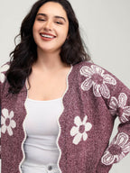 Floral Pattern Open-Front Knitted Cardigan