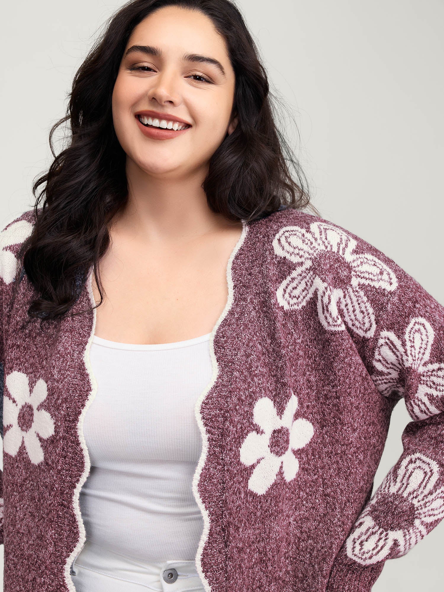 Floral Pattern Open-Front Knitted Cardigan