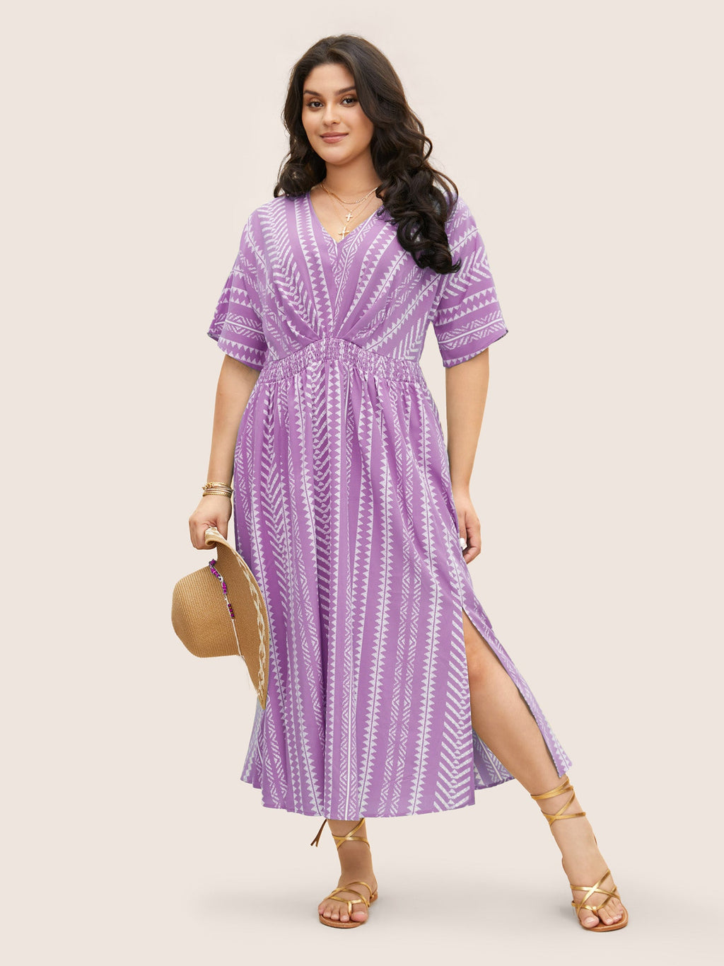 Solid Geometric Dolman Sleeve Pocket Shirred Split Hem Dress