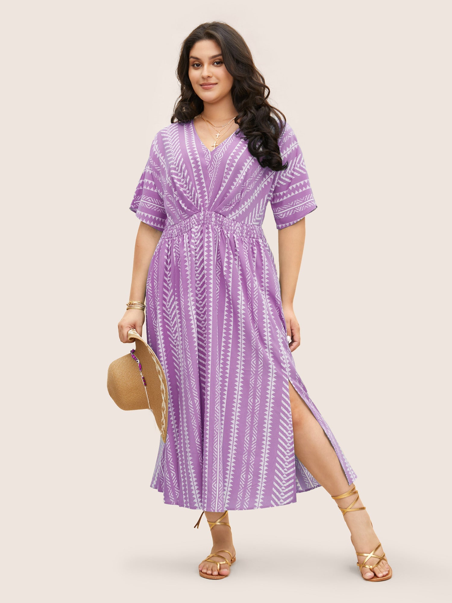 Solid Geometric Dolman Sleeve Pocket Shirred Split Hem Dress