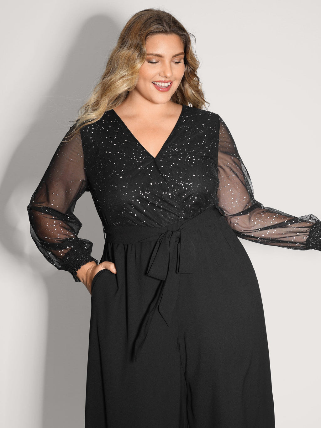 Sparkly V Neck Sheer Belted Wide Leg Jumpsuit