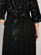 Sequin Floral Tulle Shirred Waist Maxi Dress