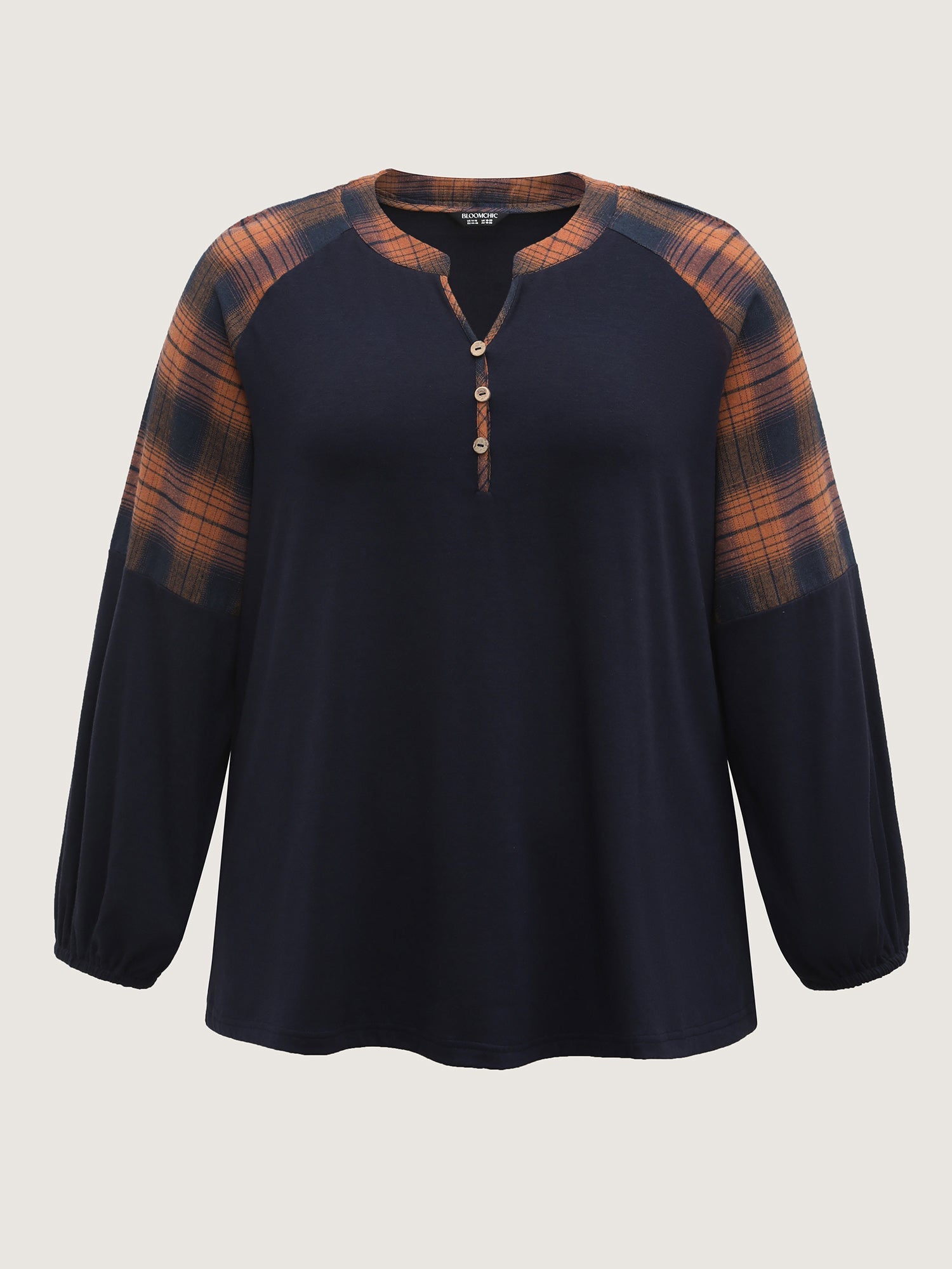 Stretchy Plaid Sleeve Split Neck T-Shirt