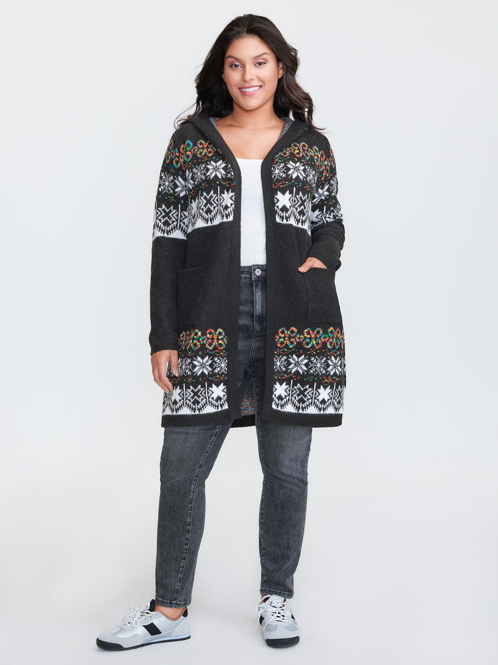 Boho Print Jacquard Hooded Knit Cardigan